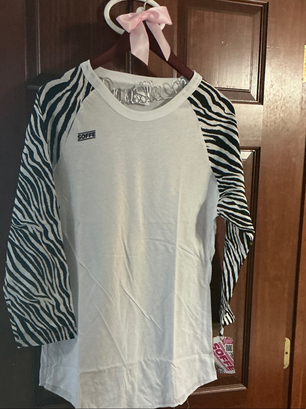 Soffe White Long-Sleeve Tee with Black Zebra-Print Raglan Sleeves